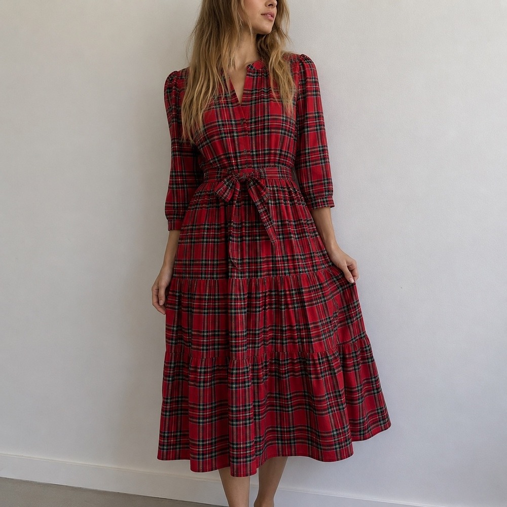 Sugarlips Red Plaid Tiered Midi Dress Puff Sleeve XS Holiday Cottagecore